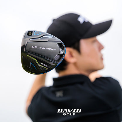 Person holding a golf club with 'DAVID GOLF' branding