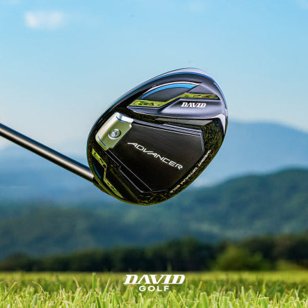 Golf club head with 'DAVID GOLF' branding against a scenic background