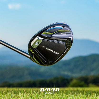 Golf club head with 'DAVID GOLF' branding against a scenic background