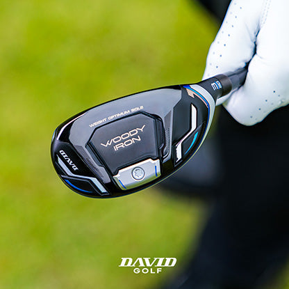 Golf club head with 'DAVID GOLF' branding on a blurred green background